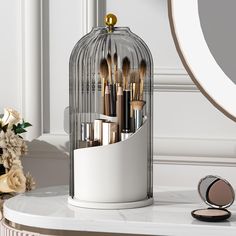 PRICES MAY VARY. Sliding Door: Makeup brush holder with lid is enclosed, so no more dust particles and bacteria landing on makeup brushes, sliding to close rather than lifting a cover from up above 360 Degrees Rotating Base: Make up brush holder organizer spins, so you can access all the items easily, the cover can stay on when brushes are removed or added 3 Different Sections: With different depths slots, makeup brush storage allows short or tall makeup brushes and small cosmetic tools to be st Countertop Makeover, Make Up Storage, Lipstick Brush, Makeup Station, Sleek Makeup, Makeup Storage Box, Makeup Brush Organization, Makeup Brush Storage, Makeup Brush Holder