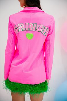 GRINCH PINK BLAZER TOP Judith March Trendy Pink Party Blazer, Grinch Letters, Pink Grinch, Usa Party, Mini Sales, Judith March, Heart Patch, Thanksgiving Sale, Valentines Sale