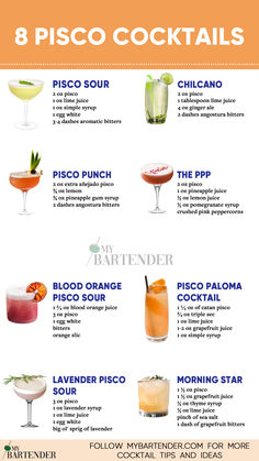 Pisco Cocktails Pisco Drinks, Pisco Cocktails, Flavored Paloma Cocktail, Holiday Hot Drinks, Pisco Sour Receta, Mescal Cocktail Recipe, Passion Fruit Mezcal Cocktail, Frozen Drinks Alcohol, Spicy Drinks