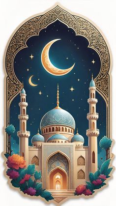 an intricately designed greeting card with the moon and mosque