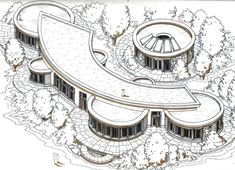 an architectural drawing of a circular building surrounded by trees