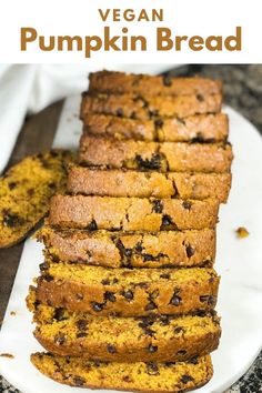 vegan pumpkin bread on a white plate with text overlay that says vegan pumpkin bread