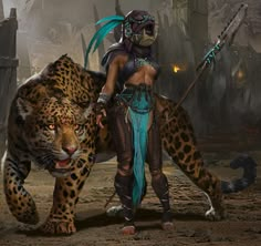 an image of a woman with a leopard on her back in front of a tiger