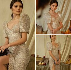 Beige Filipiniana Dress, Filipiniana Pose Ideas, Cocktail Dress Pose Ideas, Hairstyle For Filipiniana Attire, Modern Filipino Outfit, Filipiniana Dress Modern For Graduation, Filipiniana Photoshoot, Leonor Rivera, Filipiniana Hairstyle