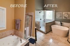 before and after pictures of a bathroom remodel with tub, shower, and sink