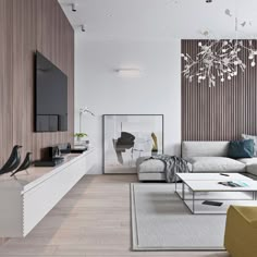 a modern living room with white furniture and wood paneling on the wall behind it