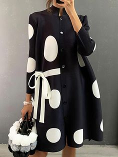 Polka Dots Stand Collar Three Quarter Sleeve Urban Loose Short Dress With Belt | stylewe Black Three Quarter Sleeve Dress, Midi Dress With Outerwear, Womens Dresses With Jackets, Quarter Sleeves Dress, Jacket Over Long Sleeve Dress, Elegant Maternity Dresses, Collar Mini Dress, Fashion Forward Outfits, Round Neck Casual Dress