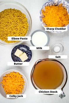 the ingredients for macaroni and cheese are shown in bowls