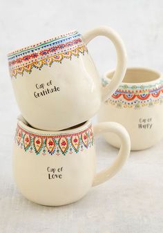 three coffee mugs with the words cup of gratitude written on them