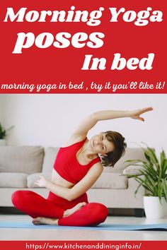 a woman doing yoga poses in bed with text overlay reading morning yoga poses in bed