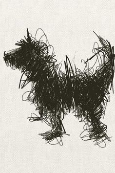 a black and white photo of a dog made out of scribbles on paper