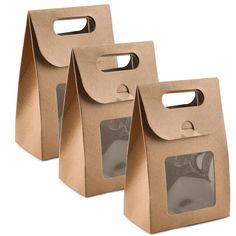 three brown paper bags with handles on each side and one has a window in the middle