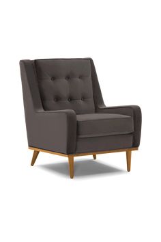 a gray chair with wooden legs and an armrest