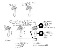 an image of three mushrooms with different words written in english and japanese characters on them