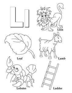 the letter l is for lion and other animals with their names in english coloring pages