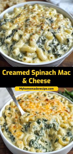 two pictures of creamy spinach mac and cheese