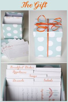 several pictures of different types of gift boxes with ribbons and tags on them, including envelopes