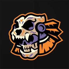 an orange and purple skull with horns on it's head is shown in the middle of a black background