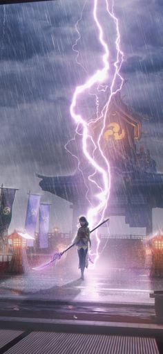 a woman is walking in the rain with an umbrella and a lightning bolt behind her