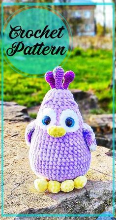 a crocheted purple bird sitting on top of a rock with the words crochet