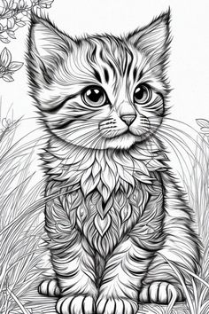 a black and white drawing of a cat sitting in the grass with flowers behind it