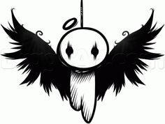 a black and white drawing of an evil looking bird with wings on it's head