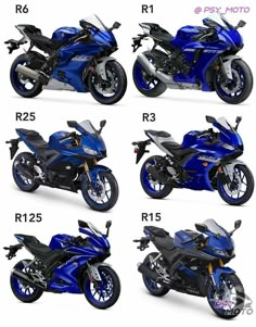 four different types of motorcycles are shown in this image, each with the same color scheme