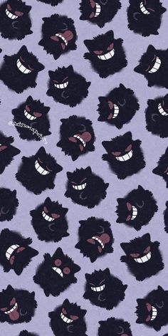 many black cats with white teeth and big eyes are on a purple wallpaper background