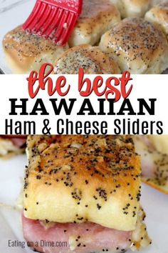 the best hawaiian ham and cheese sliders on a plate with a red spatula