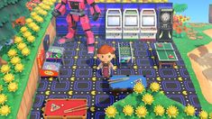 an animal crossing game with various items on the ground and in front of a building