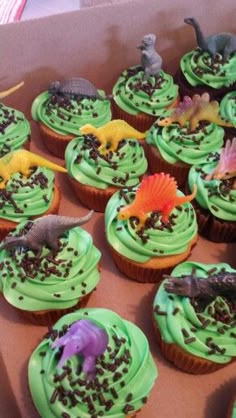 dinosaur cupcakes with green frosting and sprinkles in a box