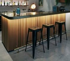 a bar with three stools in front of it