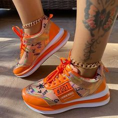 Style: Daily. Casual Item: Sneakers Upper Material: Mesh material Toe: Closed Toe Closure Type: Lace-Up Heels: Chunky Heel Women Casual Flats, Heels Patterns, Orange Sneakers, Fashion Shoes Flats, Style Sportif, Fashion Closet, Orange Shoes, Sporty Casual, Walking Sneakers