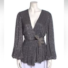 Retrofte Blouse Silver Sequin Embellishments Long Sleeve With V-Neck Sash-Tie Closure At Front Waist: 28.75" Length: 24.5" Bust: 33.75" Color: Silver Fabric: 100% Viscose; Combo 100% Viscose Clothing Size: M Glamorous Formal V-neck Blouse, Elegant V-neck Holiday Tops, Glamorous V-neck Cocktail Tops, Elegant V-neck Tops For Festive Occasions, Festive V-neck Evening Blouse, Glamorous V-neck Blouse, Holiday V-neck Blouse For Night Out, Elegant V-neck Blouse For Party Season, Glamorous V-neck Blouse For Party Season