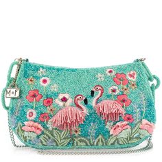 Flirty Flamingos Crossbody - Handbag Mary Frances Handbags, Cactus Rose, Mary Frances, Beautiful Handbags, Unique Materials, Beaded Bags, Tropical Paradise, Metallic Logo, Embroidered Flowers