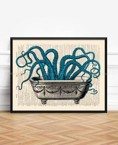 an octopus in a bathtub with blue tentacles floating on top of the book page