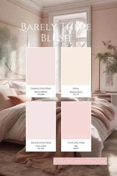 the bedroom is painted in pale pink and white, while the bed has been made up with