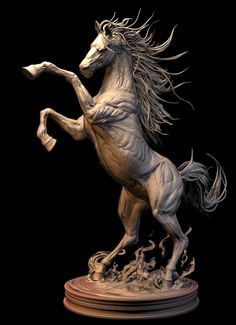 a statue of a horse is shown on a black background and it appears to be in motion