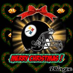 a christmas card with a football helmet and bow on the front, merry christmas greeting