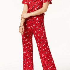 One Hart Red Floral Jumpsuit With Ruffle Detail Size L Juniors/Women’s Such A Flattering Silhouette Red Spring Holiday Sets, Red Floral Print Short Sleeve Jumpsuits And Rompers, Red Jumpsuits And Rompers For Spring Loungewear, Spring Red Ruffled Sets, Casual Red Jumpsuits And Rompers With Ruffles, Casual Red Ruffled Jumpsuits And Rompers, Floral Jumpsuit, Red Floral, Pant Jumpsuit