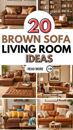 brown sofa living room ideas with text overlay that reads 20 brown sofa living room ideas