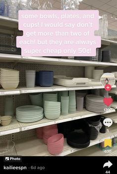 the shelves are filled with bowls and plates, and one has a sign that reads some bowls plates and cups i would say don't get more than two of each but they are