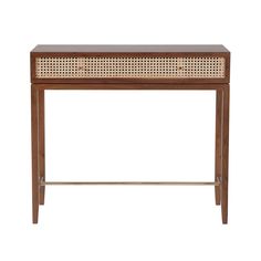 the side table is made from wood and has rattan detailing on the top, along with