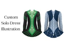 two dresses with long sleeves, one in blue and the other in green on white