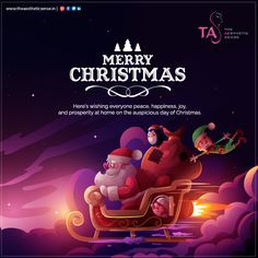 a merry christmas poster with santa on a sleigh in the sky and other cartoon characters