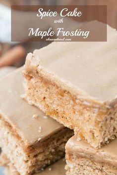 three pieces of cake with maple frosting stacked on top of each other and the words space cake with maple frosting above it