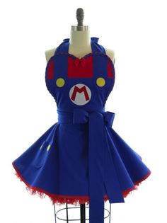 an apron dress made to look like mario from super mario bros is displayed on a mannequin