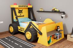 a child's bedroom decorated in yellow and black with a construction themed bed frame