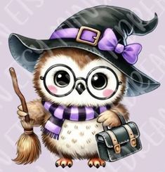 an owl wearing a witches hat and holding a broom with a suitcase in its paws