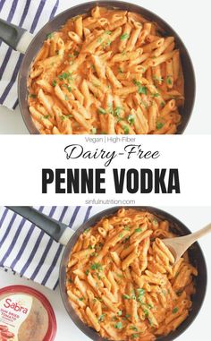 two pictures of penne vodka in a pan with the words daily free on top